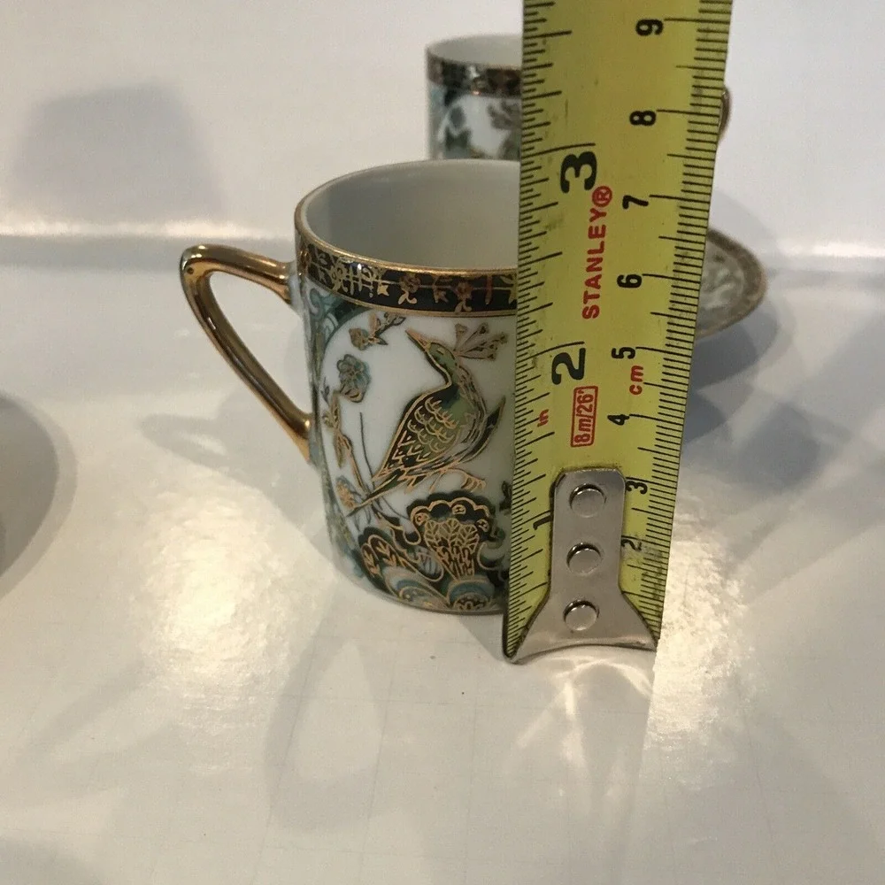 Lot of 2 Vintage‎ Porcelain Japanese Green and Gold Peacock Demitasse Tea Cups
